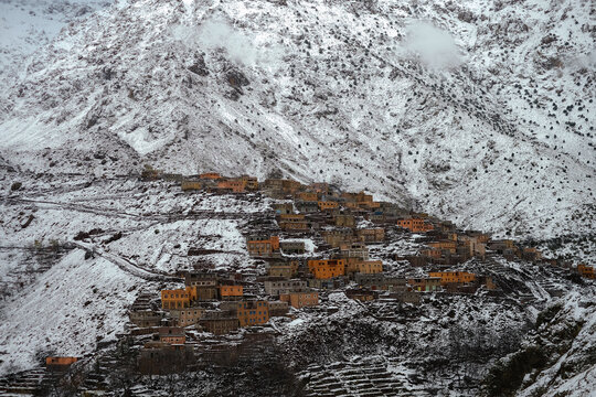 snowy valley of imlil, grand atlas mountains, morocco