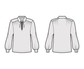 Pirate blouse technical fashion illustration with bouffant long sleeves, poet lacing collar, oversized, tunic length. Flat apparel top template front, back, grey color. Women, men unisex CAD mockup