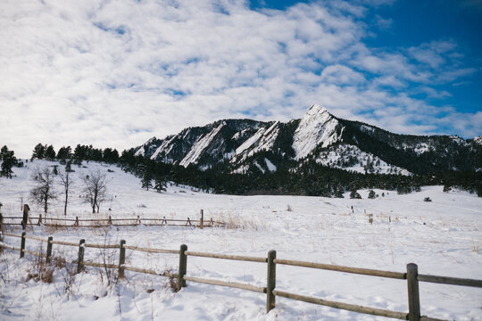 Snow covered flatirons in Boulder, Colorado