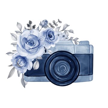 Camera with watercolor flowers navy blue illustration
