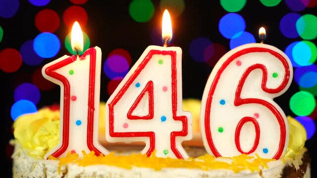 Number 146 Happy Birthday Cake With Burning Candles Topper.