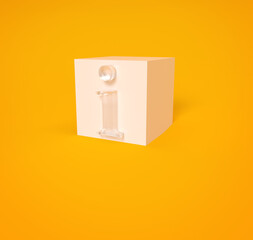 Transparent info icon, sign on white box and orange Background, 3d render, minimal and copy space.
