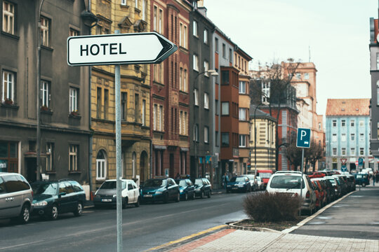 Hotel Sign on a Street in Cheb, Czech Republic