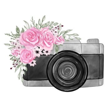 Camera with watercolor flowers rose pink illustration