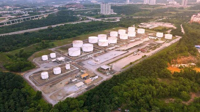 4K UHD Footage petrochemical industrial and oil storage tank drone flying over industrial oil storage refinery concept video, 