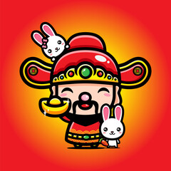 Obraz premium god of wealth / cai shen cute cartoon character with rabbit animal