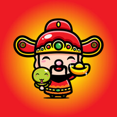 cute god of wealth / cai shen cartoon character carrying a snake