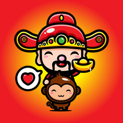 cute monkey animal cartoon character riding the god of wealth / cai shen