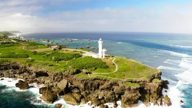 drone view beautiful ocean hennazaki lighthouse miyako island Okinawa