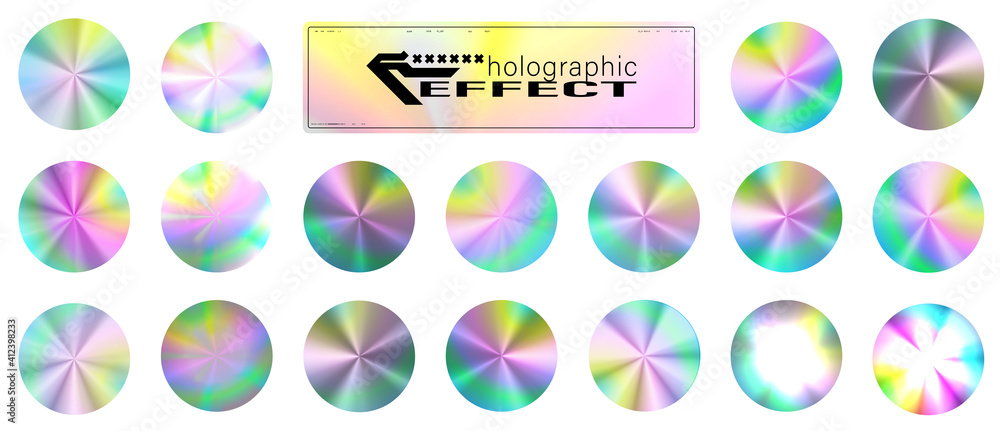 Poster holographic glitter texture collection. round shiny gradient foil texture. trendy background for log