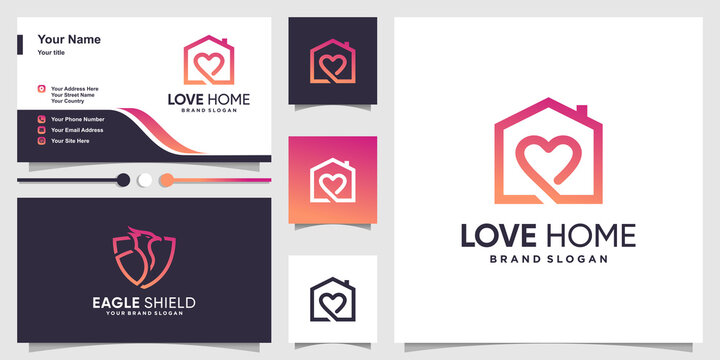 Home logo with creative love concept and business card design Premium vector