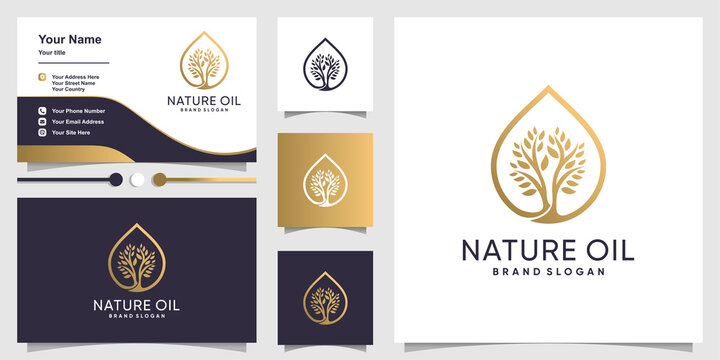 Nature oil logo with modern tree concept and business card design Premium vector