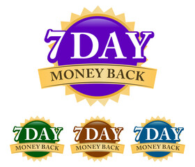 7 Day Money-back 3d golden, blue, green, and purple badge with simple ribbon isolated on white background