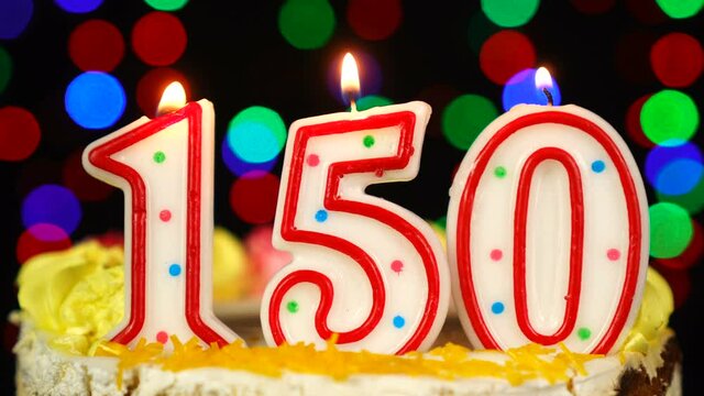 Number 150 Happy Birthday Cake With Burning Candles Topper.