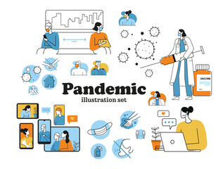 PANDEMIC Set - a great illustration pack consisting in 9 illustrations and 9 icons related to pandemic