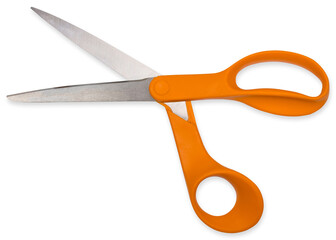 Scissors or shears. Scissors stainless steel blade and plastic handle orange - red color. Professional sewing or tailor tool. This Scissors good for kitchen, office, school, barber shop, hair salon.