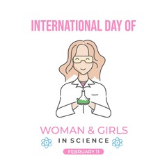 International Day of women and girls in science. Outline drawing style of scientist holding a chemical bottle. Usable for social media and banner. Flat design vector.