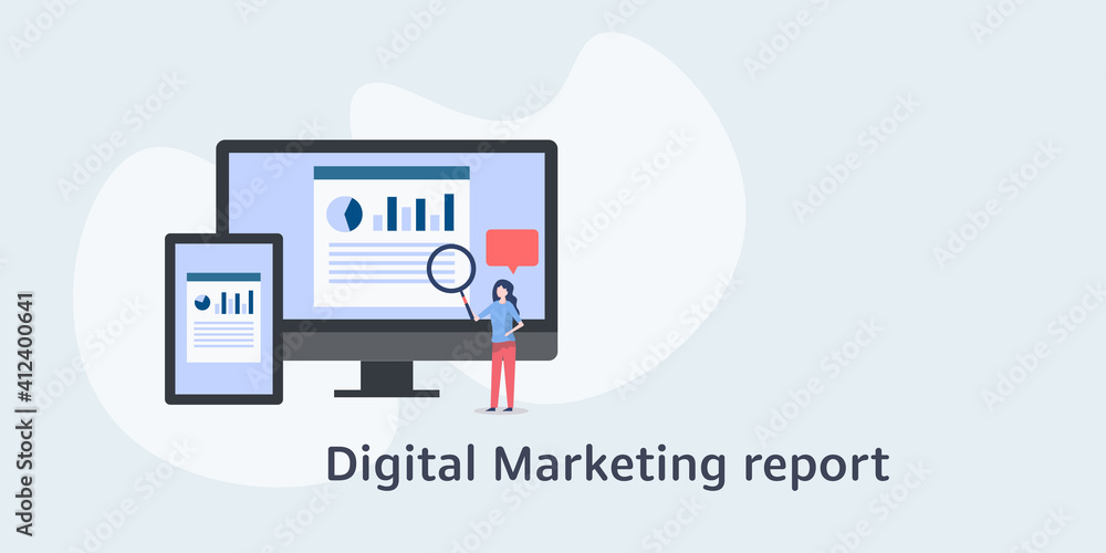 Poster digital marketing report, seo audit and business data monitoring, woman analysing visual data on com