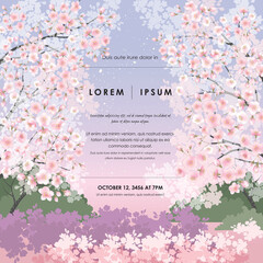 Vector illustration of spring landscape with cherry trees in full bloom. Design for social media, party invitation, Print, Frame Clip Art and Business Advertisement and Promotion - 412400675