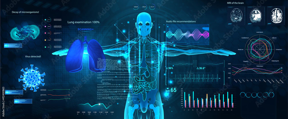 Poster sci-fi healthcare examination hud style. full scan of the human body and all organs, hi-tech x-ray. 