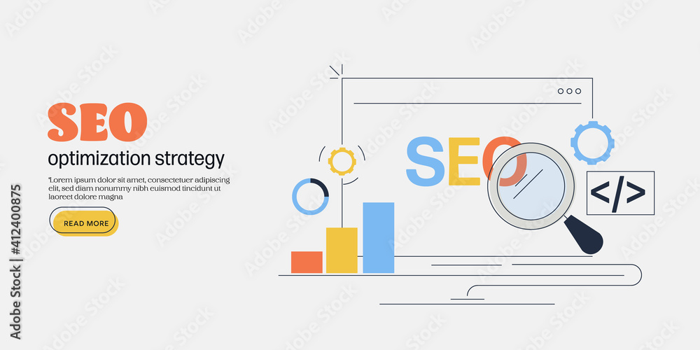 Poster seo optimization strategy, seo report, data monitoring and web analytics. line art vector illustrati