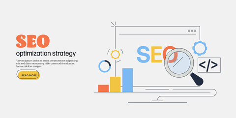 Seo optimization strategy, seo report, data monitoring and web analytics. Line art vector illustration concept of Search optimization.