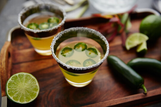 Jalapeno and lime margarita cocktails