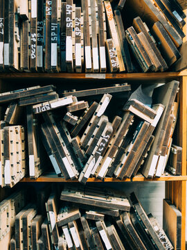 Rack of old cliche forms at the printers