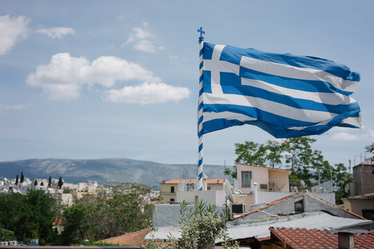 Greek flag in the Plaka district of Athens