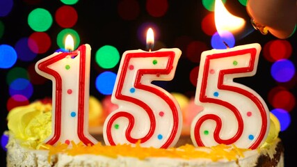 Number 155 Happy Birthday Cake With Burning Candles Topper.