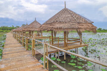 Bamboo Bridge with bamboo huts in the lotus pond