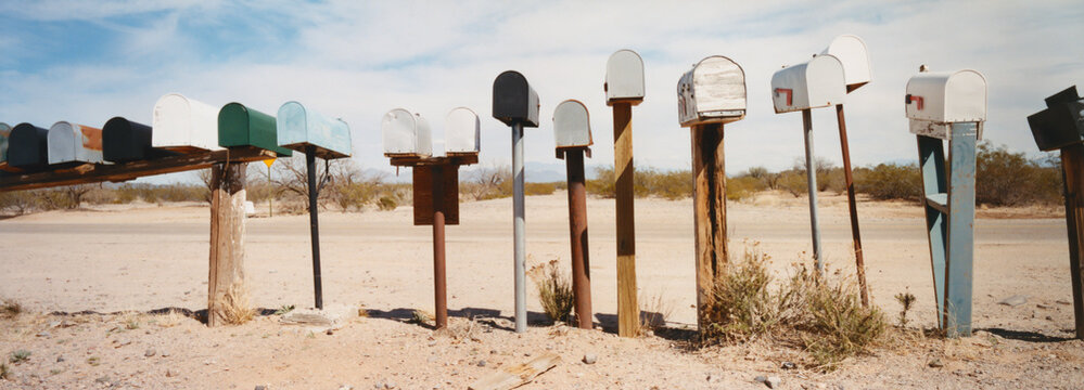 Row of mailboxes along rural road, Arizona