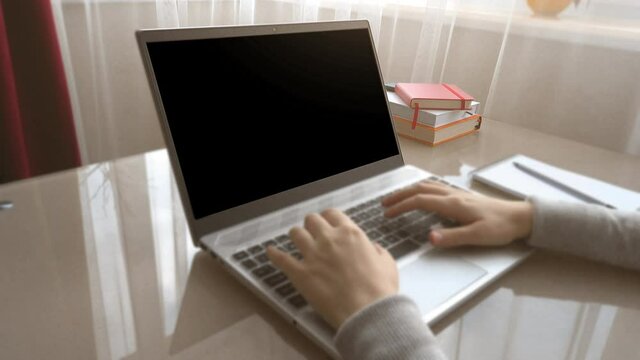 The girl working at home office hands on keyboard. Alpha channel included. Png+alpha. You can insert your background.