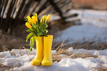 yellow tulips in yellow rubber boots stand in the snow. hello spring