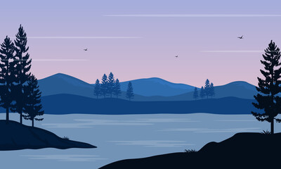 Wonderful nature scenery at sunrise on the river bank. Vector illustration