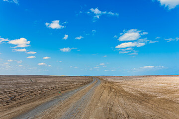 Fototapeta premium Road in the desert on blue sky background