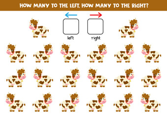 Left or right with cute cow. Logical worksheet for preschoolers.