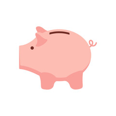 Piggy bank in the form of a pink pig on a white background. Cute piggy bank pig sideways to us