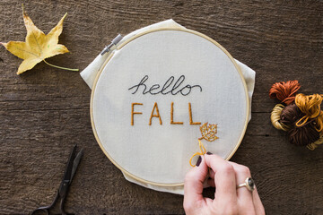 Hello Fall greeting stiched into canvas