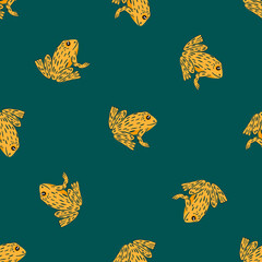 Abstract animal exotic seamless pattern with marine frog orange contoured shapes. Turquoise background.