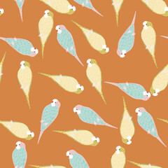 Random animal exotic seamless pattern with beige and blue colored parrot ornament. Brown background.