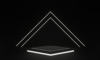 3D rendered black geometric stage with white neon light