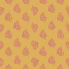 Nature seamless pattern with pale pink doodle fern leaves silhouettes ornament. Ocher pastel background.
