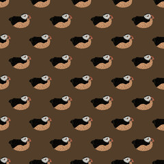 Beige and brown colored palette seamless zoo pattern with puffin ornament. Animal cartoon atlantic print.