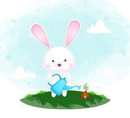 Cute bunny watering the plant Premium Vector