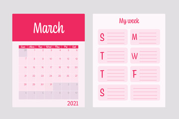 2 Planners Set - March 2021 Calendar and Weekly Planner. Vector Illustration - Pink Color.