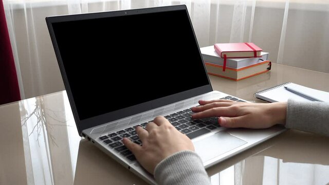 The girl working at home office hands on keyboard. Alpha channel included. Png+alpha. You can insert your background.