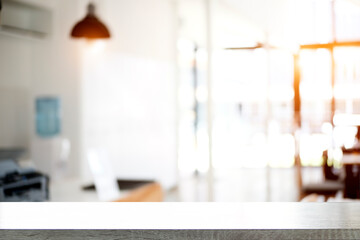 Empty wooden table platform blur background for presentation product.