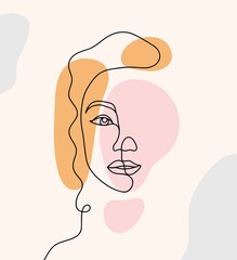 Continuous line, drawing of woman face, fashion concept, woman beauty minimalist with geometric doodle Abstract elements pastel colors. One line continuous drawing. vector illustration
