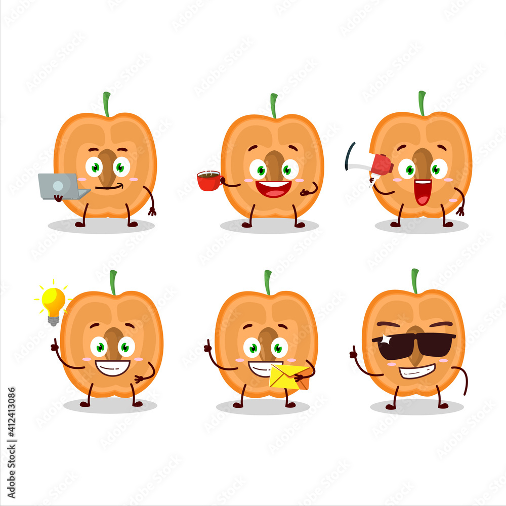 Wall mural Slice of apricot cartoon character with various types of business emoticons